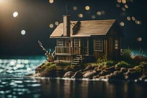 a miniature house on a small island in the water. AI-Generated photo