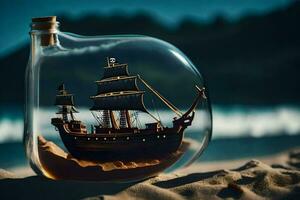 a ship in a bottle on the beach. AI-Generated photo