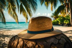 un Paja sombrero en un Coco árbol en el playa. generado por ai foto