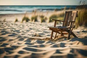 a wooden chair sits on the sand near the ocean. AI-Generated photo