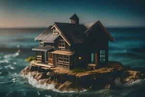 a miniature house on a rock in the ocean. AI-Generated photo