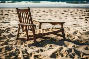 a wooden chair sits on the sand near the ocean. AI-Generated photo