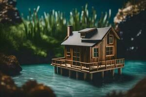 un miniatura casa en un muelle en el agua. generado por ai foto