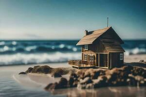 un miniatura de madera casa en el playa. generado por ai foto