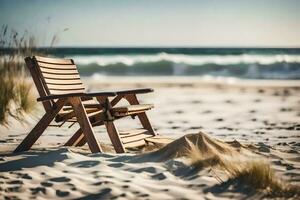 a wooden chair sits on the beach near the ocean. AI-Generated photo