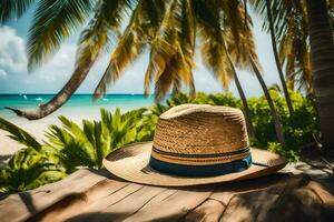 a straw hat on a wooden table in front of palm trees. AI-Generated photo