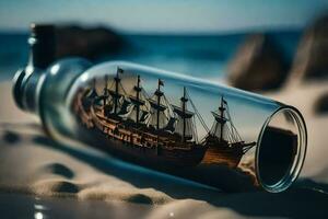 a bottle with a ship inside of it on the beach. AI-Generated photo
