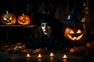 a woman in a witch hat and hat surrounded by pumpkins. AI-Generated photo