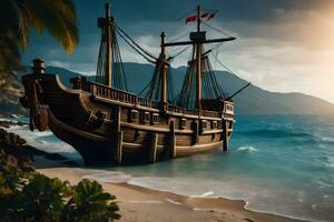 a pirate ship sits on the beach near the ocean. AI-Generated photo