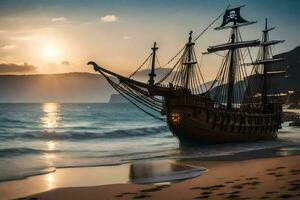 a pirate ship on the beach at sunset. AI-Generated photo