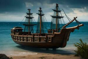 a model pirate ship on the beach. AI-Generated photo