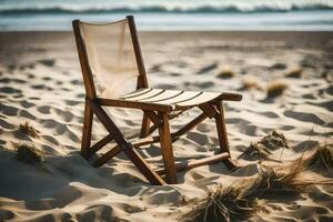 a wooden chair sits on the sand near the ocean. AI-Generated photo