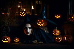 a woman in a witch costume is surrounded by pumpkins. AI-Generated photo