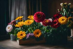 un manojo de vistoso flores en un de madera caja. generado por ai foto