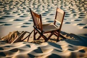 a chair sits in the sand on a beach. AI-Generated photo