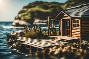 un miniatura de madera casa en el agua. generado por ai foto