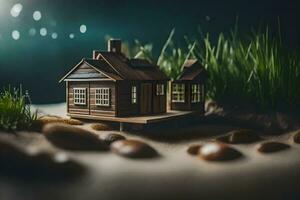 un miniatura casa en el césped con rocas y césped. generado por ai foto