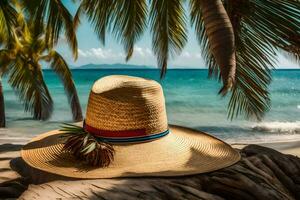 a hat sits on a tree branch near the ocean. AI-Generated photo