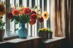 flowers in vase on windowsill. AI-Generated photo
