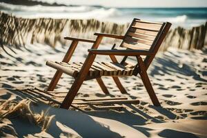 a wooden chair sits on the beach near the ocean. AI-Generated photo