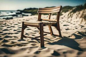 a wooden chair sits on the sand near the ocean. AI-Generated photo