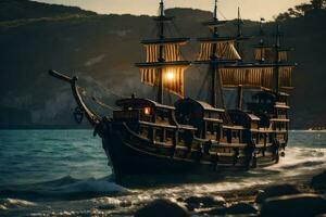 a pirate ship is sailing on the ocean. AI-Generated photo
