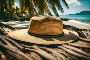 un Paja sombrero en el playa. generado por ai foto