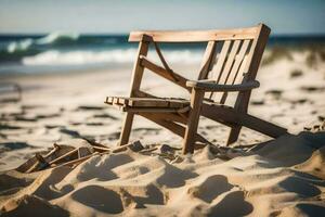 a wooden chair sits on the sand near the ocean. AI-Generated photo