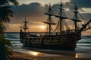 a pirate ship sits on the beach at sunset. AI-Generated photo