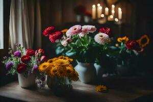 flores en floreros en un mesa. generado por ai foto