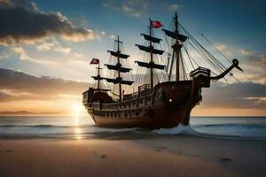 a pirate ship is on the beach at sunset. AI-Generated photo