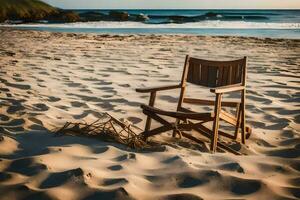 un silla se sienta en el playa a puesta de sol. generado por ai foto