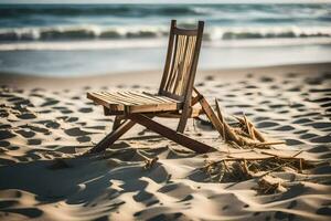 a chair on the beach with sand and water. AI-Generated photo