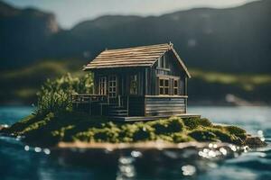 a small house on an island in the middle of the ocean. AI-Generated photo