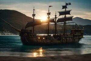 a pirate ship is sailing on the ocean at sunset. AI-Generated photo