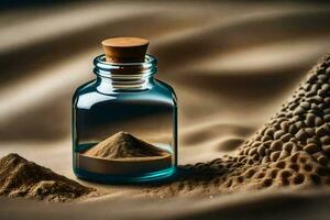 a bottle of sand with sand in it and sand around it. AI-Generated photo