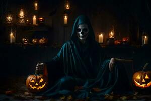 a grim looking person with pumpkin carved faces sitting in front of candles. AI-Generated photo