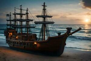 a wooden pirate ship on the beach at sunset. AI-Generated photo