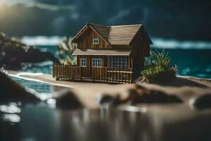 a miniature wooden house on the beach by the water. AI-Generated photo