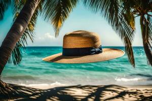 a hat on the beach with palm trees. AI-Generated photo