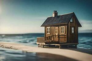 a tiny house on the beach. AI-Generated photo