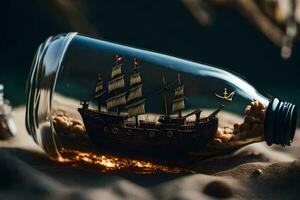 a ship in a bottle on sand. AI-Generated photo