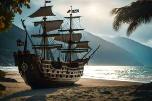 a pirate ship on the beach. AI-Generated photo