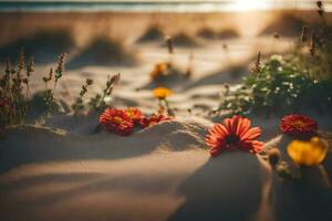flores en el playa a puesta de sol. generado por ai foto