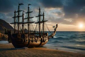 a pirate ship on the beach at sunset. AI-Generated photo