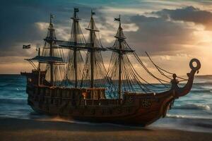 a pirate ship on the beach at sunset. AI-Generated photo