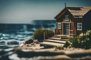 a miniature house on the beach by the ocean. AI-Generated photo