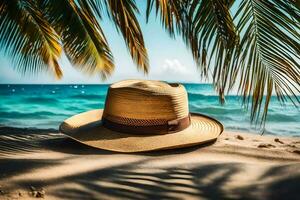 a hat on the beach with palm trees. AI-Generated photo