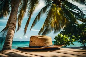 a straw hat on a wooden table near the beach. AI-Generated photo