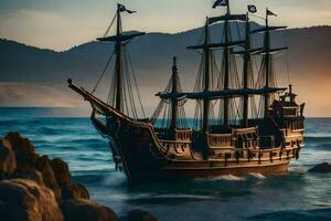 un pirata Embarcacion en el Oceano a puesta de sol. generado por ai foto